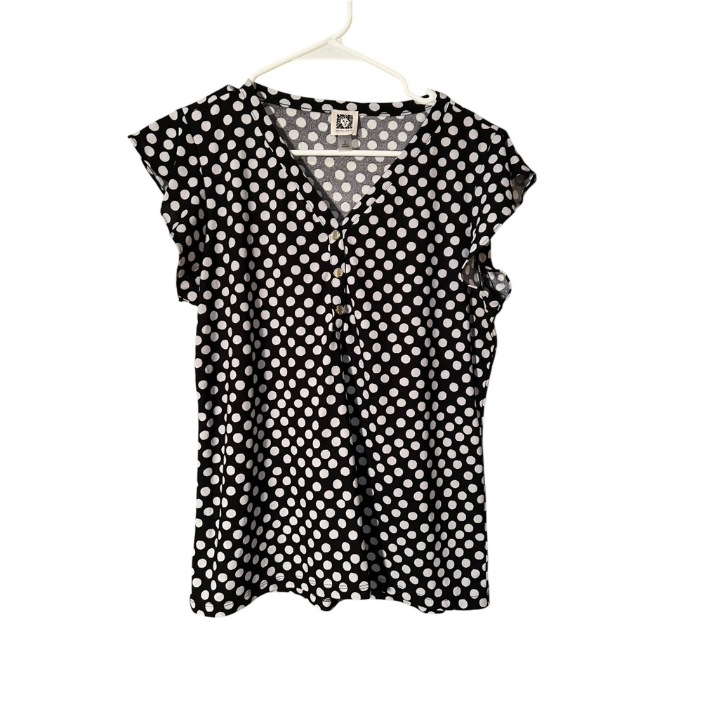 Anne Klein Women's Size Small Popover Blouse Black White Polka Dots Half Button
